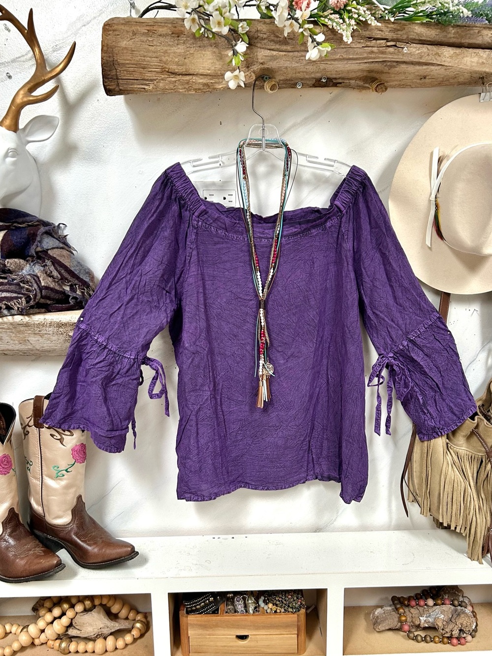 Women's Purple Off-Shoulder Peasant Blouse with Tie Sleeves